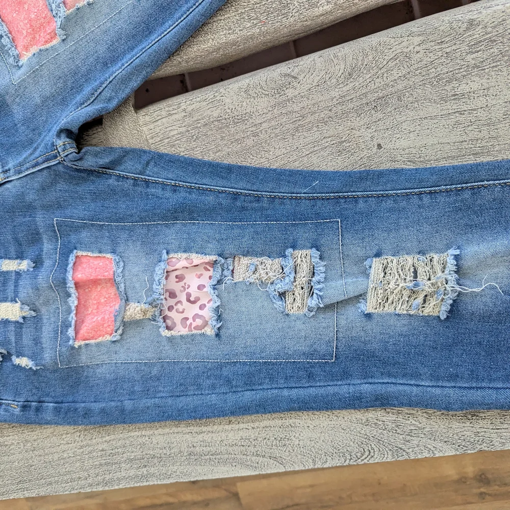 Women’s Blue Distressed Patchwork Jeans with Pink Accents Size M - Picture 4 of 16